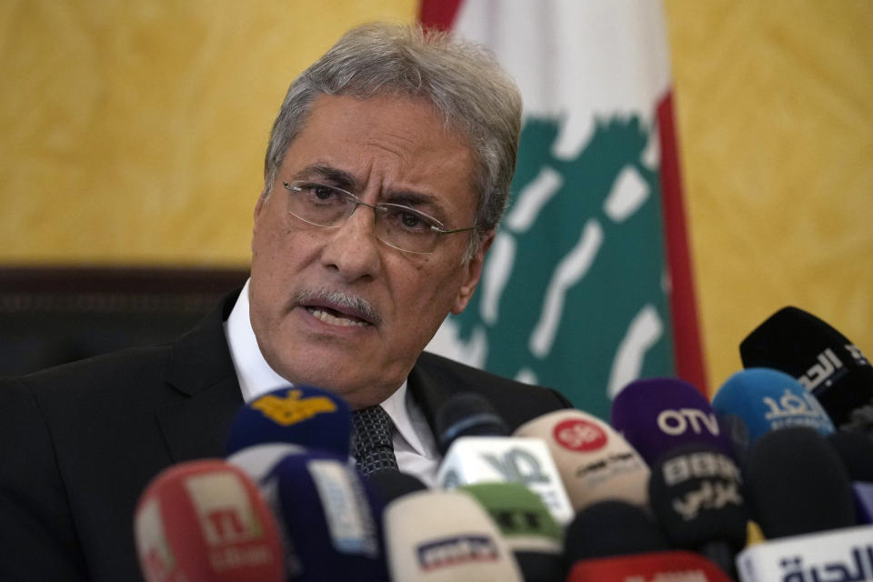 Lebanese caretaker Justice Minister Henry Khoury, speaks during a press conference at the Justice Palace in Beirut, Lebanon, Wednesday, Jan. 11, 2023. Khoury said a European judicial delegation from France, Germany, and Luxembourg have started to arrive in Lebanon as they continue probing Central Bank Governor Riad Salameh and affiliates over corruption allegations. (AP Photo/Bilal Hussein)