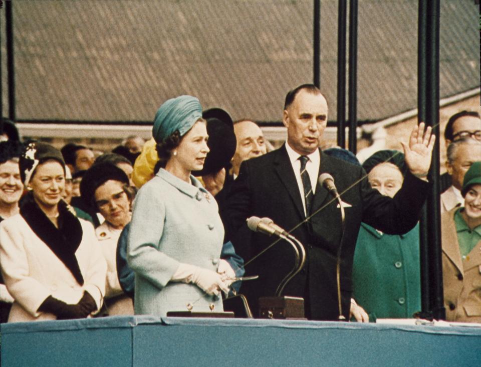 Queen Elizabeth II presides over the naming of the 1,777-passenger Queen Elizabeth 2 on Sept. 20, 1967.