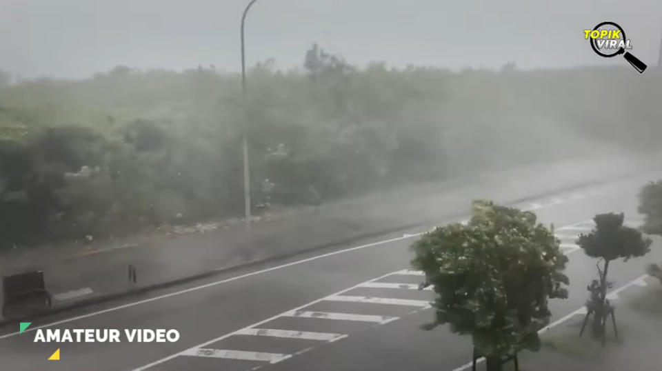 石垣島上颳起強風暴雨，人類完全無法佇立。(圖／影片截圖)