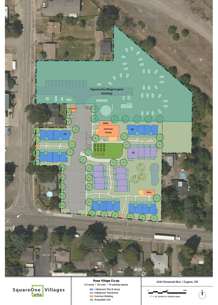 The Rosa Village project documents provide a map for the proposed project, which is planned to share a land parcel with SquareOne Village's Opportunity Village on Roosevelt Boulevard in west Eugene.