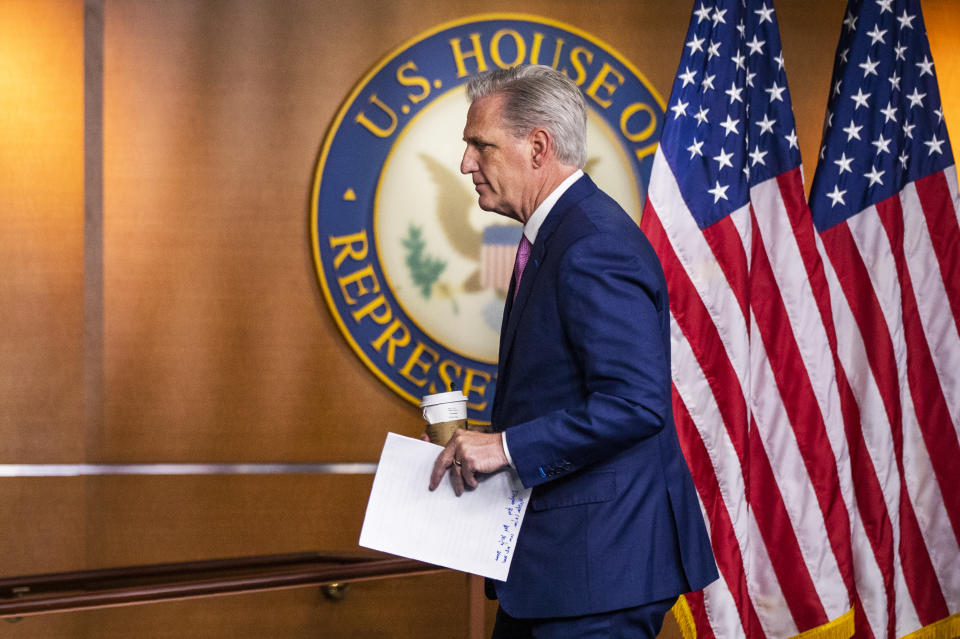 House Minority Leader Kevin McCarthy of Calif., concludes his news conference on Capitol Hill, Thursday, May 7, 2020, in Washington. (AP Photo/Manuel Balce Ceneta)