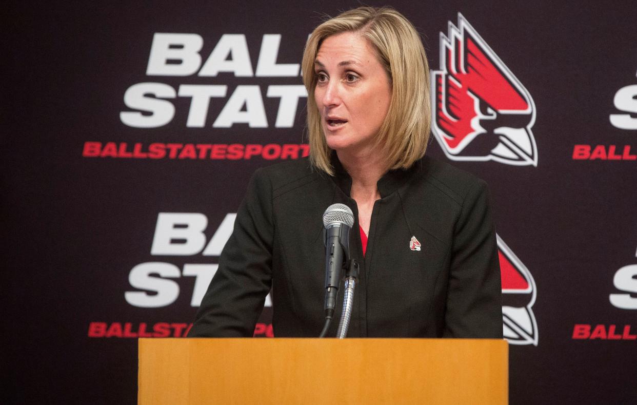 Beth Goetz, Ball State University's new athletic director, talks with the crowd gathered at her announcement on May 21 inside the Alumni Center. Goetz will start her new position on June 18.
 Corey Ohlenkamp/Star Press
Beth Goetz, Ball State University's new athletic director, talks with the crowd gathered at her announcement on June 21 inside the Alumni Center. Goetz will start her new position on June 18.