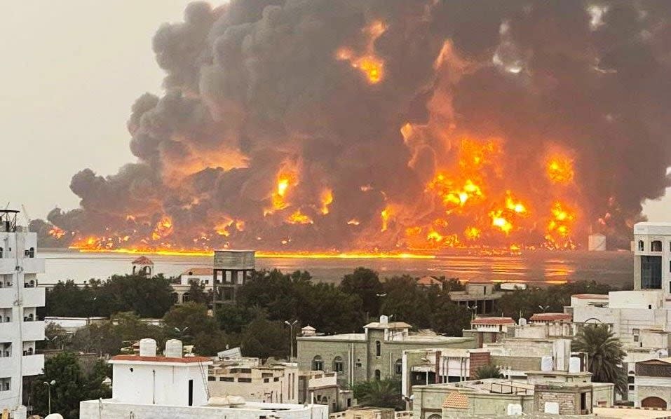 Flames after an Israeli attack on the Yemeni port of al-Hudayah