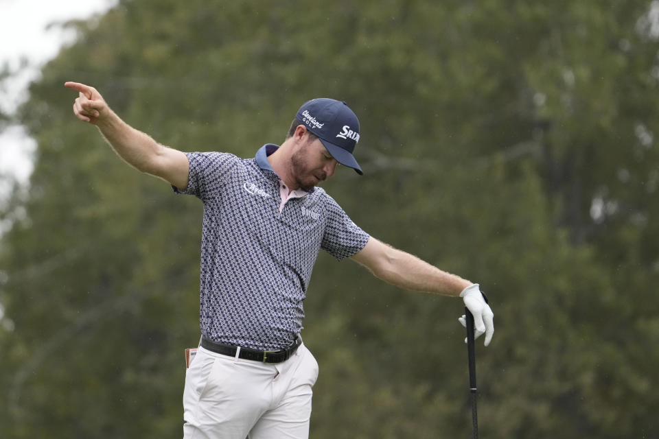 Sam Ryder reacts to his shot from the ninth tee during the first round of the Sanderson Farms Championship golf tournament in Jackson, Miss., Thursday, Oct. 5, 2023. (AP Photo Rogelio V. Solis)