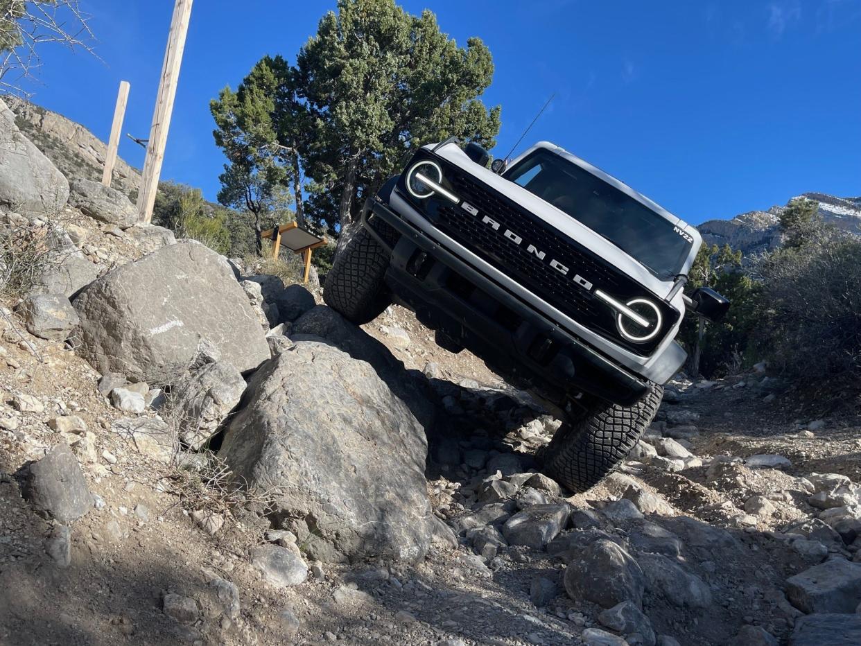 Reporter Phoebe Wall Howard spent half a day at Ford Bronco Off-Roadeo in the Nevada desert on April 15, 2024. She learned to crawl rocks, balance the SUV on three wheels and navigate rough terrain with total control.