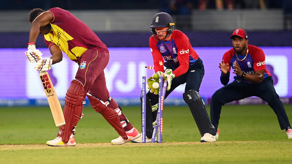 Andre Russell, pictured here being bowled by Adil Rashid during England's win over West Indies.