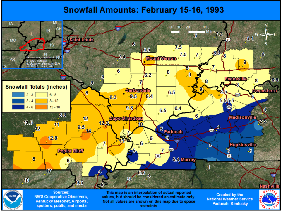 Mid-February, 1993 saw heavy snowfall in the southwestern Indiana and northern Kentucky regions.