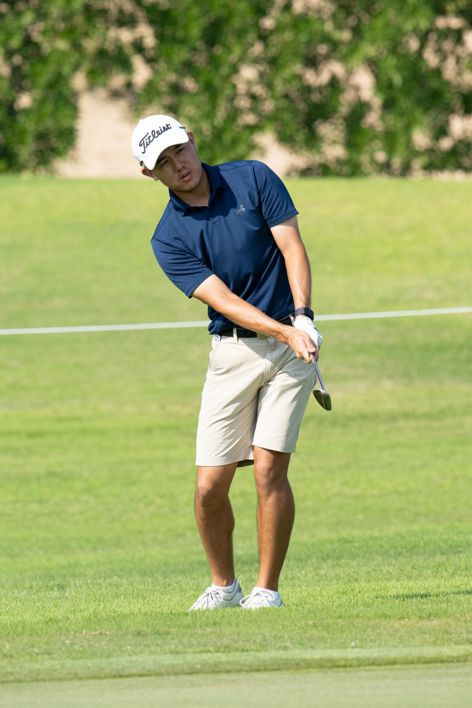 Kevin Yuan of Australia chips onto the 18th green during the second round of the LIV Golf Promotions at the Abu Dhabi Golf Club on Saturday, December 09, 2023 in Abu Dhabi, United Arab Emirates. (Photo by Montana Pritchard/LIV Golf)