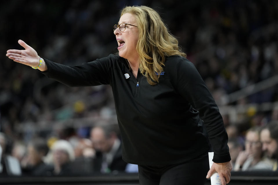 UCLA head coach Cori Close reacts during the first quarter of a Sweet Sixteen round college basketball game against the LSU during the NCAA Tournament, Saturday, March 30, 2024, in Albany, N.Y. (AP Photo/Mary Altaffer)