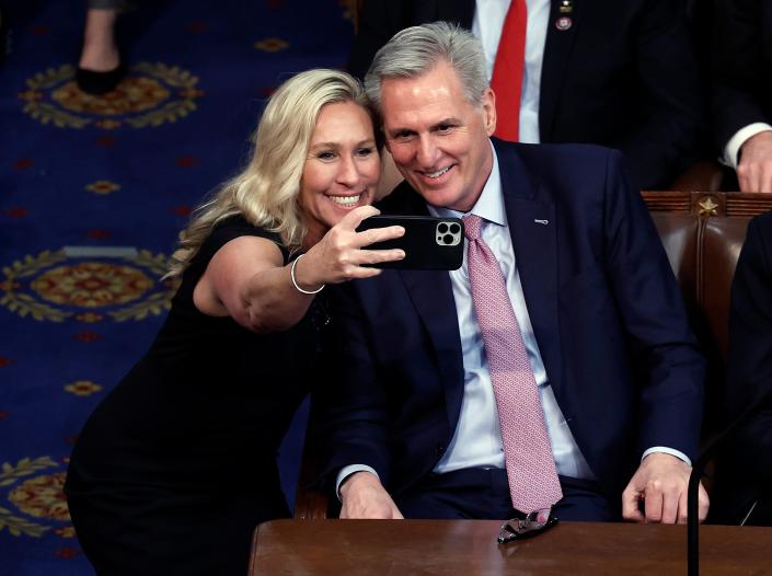 WASHINGTON, DC - Rep. Marjorie Taylor Greene, R-Ga., takes a photo with U.S. House Republican Leader Kevin McCarthy, R-Ca. after being elected Speaker of the House in the House Chamber at the U.S. Capitol Building on Jan. 07, 2023 in Washington, DC. (Photo by Anna Moneymaker/Getty Images)