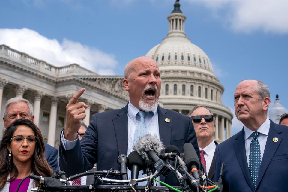 Rep. Chip Roy, R-Texas, joins other lawmakers from the conservative House Freedom Caucus at a news conference at the Capitol in Washington, Tuesday, May 30, 2023.