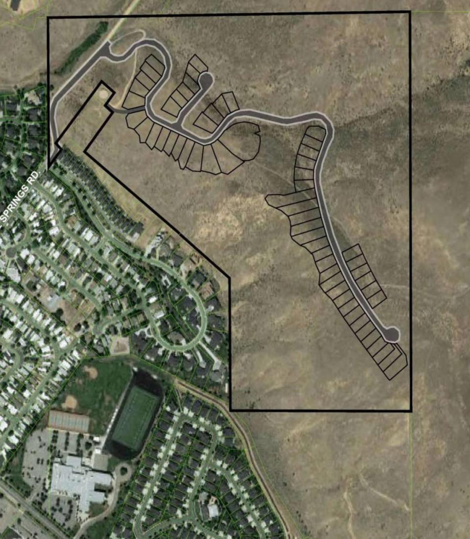 This map shows the layout of the proposed Harris Ranch East subdivision with lots for homes divided into black rectangles. East Junior High School can be seen at lower left.