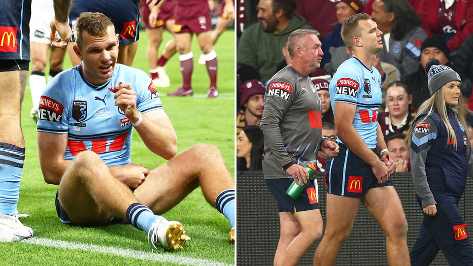 Seen here, Tom Trbojevic gets injured for NSW in State of Origin Game II in 2023.