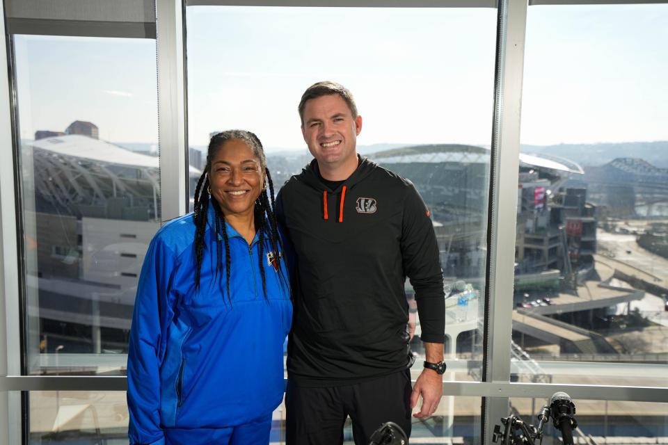 CincinnatI Friars Club president Annie Timmons and Bengals head coach Zac Taylor at The Enquirer building in downtown Cincinnati after recording the "That's So Cincinnati" podcast.