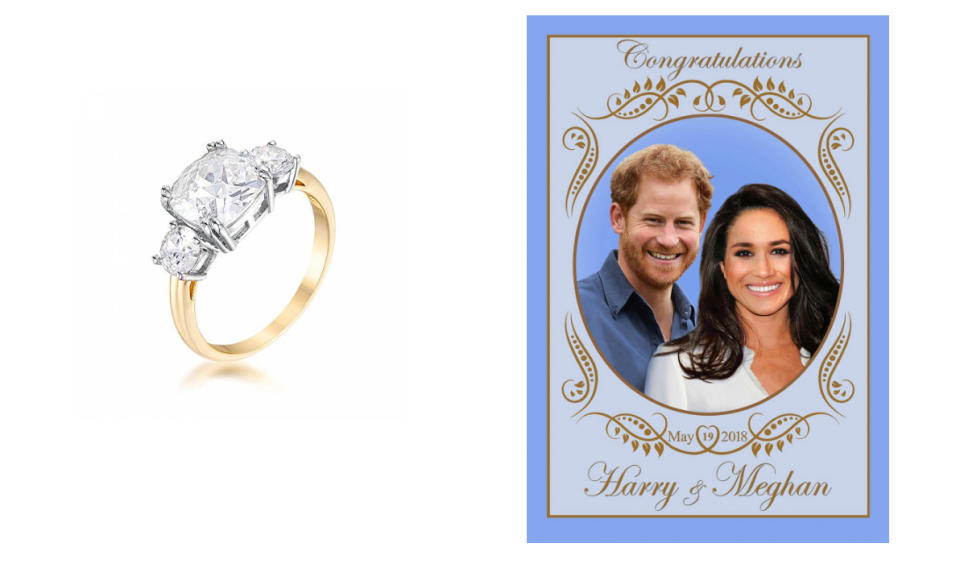 Links: Der Verlobungsring von Meghan Markle. Rechts: Königlich baden mit einem Baumwolltuch mit den Konterfeis von Harry und Meghan (Bild: Amazon.de)