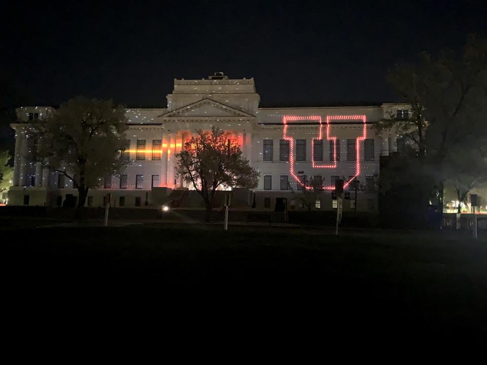 A celebratory light show and video were projected on the University of Utah’s historic Park Building at the culmination of festivities to celebrate the university’s just-completed “Imagine New Heights” giving campaign that raised $3 billion over eight years, on Saturday, April 29, 2023. | University of Utah