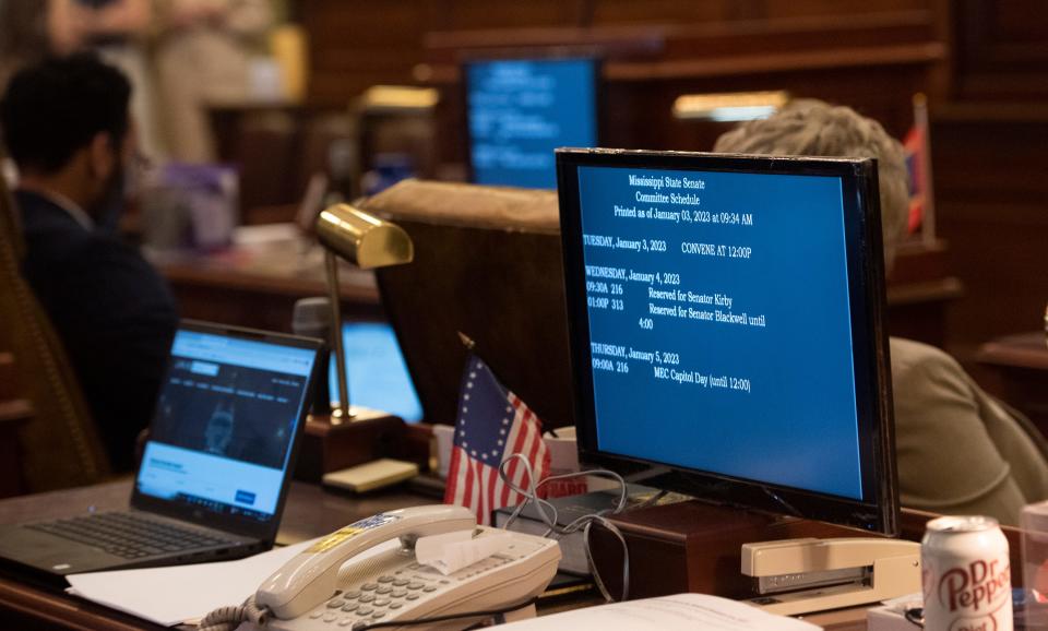 The Mississippi State Senate committee schedule scrolls on the computer screens in Senate chambers during the opening of the 2023 legislative session at the state Capitol in Jackosn, Miss., Tuesday, Jan. 3, 2023.