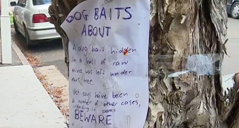 A sign warning about dog baiting around Sydney’s inner west. Source: 7 News