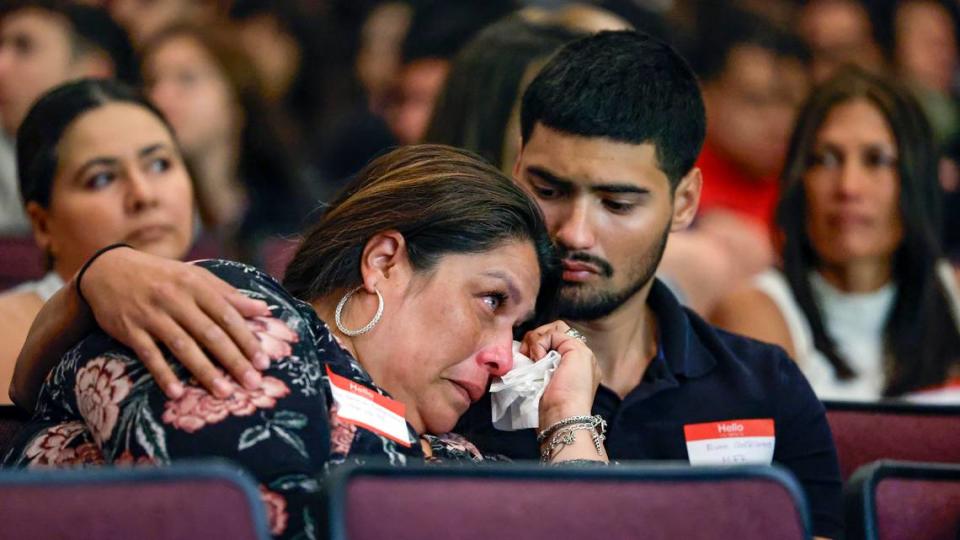 Alicia Garcia-Castellanos and her son Evan Castellanos react during presentations during the Shannon Melendi 30th Commemorative Senior Safety Assembly at Southwest Miami Senior High School in Miami, Florida on Tuesday, March 19, 2024. Shannon Melendi was a 1992 Honors Graduate from Southwest Miami Senior High School, attending college at Emory University in Atlanta, Georgia. On March 26, 1994, while on a break from work, Shannon was kidnapped, raped, and murdered by Colvin “Butch” Hinton. Hinton was convicted and sentenced to life in prison in 2005, with the possibility of parole. He is again eligible for parole in January, 2025.