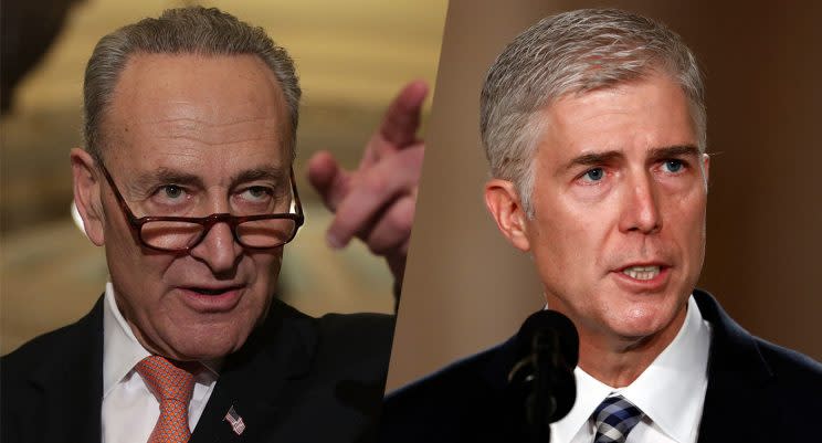 U.S. Senate Minority Leader Sen. Charles Schumer (D-NY) and Judge Neil Gorsuch. (Photos: Alex Wong/Getty Images, Carolyn Kaster/AP)