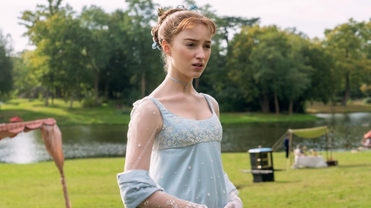  A press photo from Netflix of Phoebe Dynevor in Season 1 of Bridgerton as Daphne. 