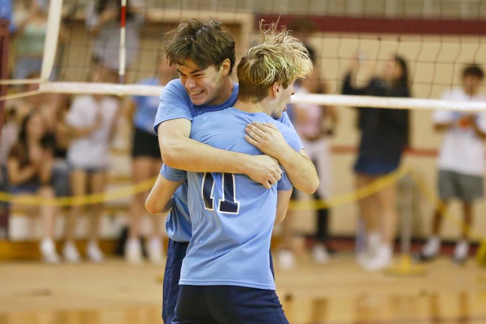 Last year, Jacob Muller, left, and James Guilmette celebrated on the court at Rhode Island College after defeating Exeter-West Greenwich in the Division III title match. With the Panthers be doing the same thing on Saturday afternoon?