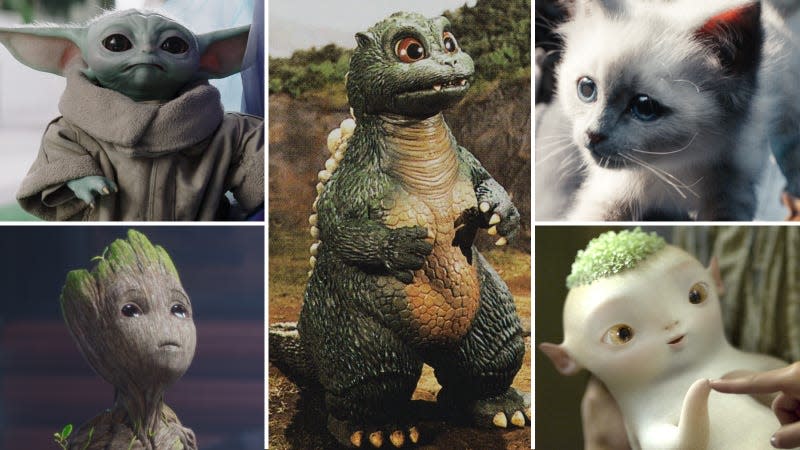 Clockwise from top left: Grogu in The Mandalorian (Disney+), Godzilla Junior in Godzilla vs. Mechagodzilla II (Toho), flerken kitten in The Marvels (Marvel Studios), Wuba in Monster Hunt (Film Rise), Groot in I Am Groot (Disney+)