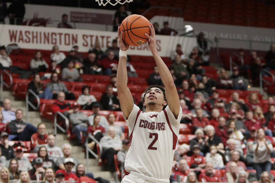 Washington State guard Myles Rice drives to the basket during the first half of the team's NCAA college basketball game against California, Thursday, Feb. 15, 2024, in Pullman, Wash. (AP Photo/Young Kwak)