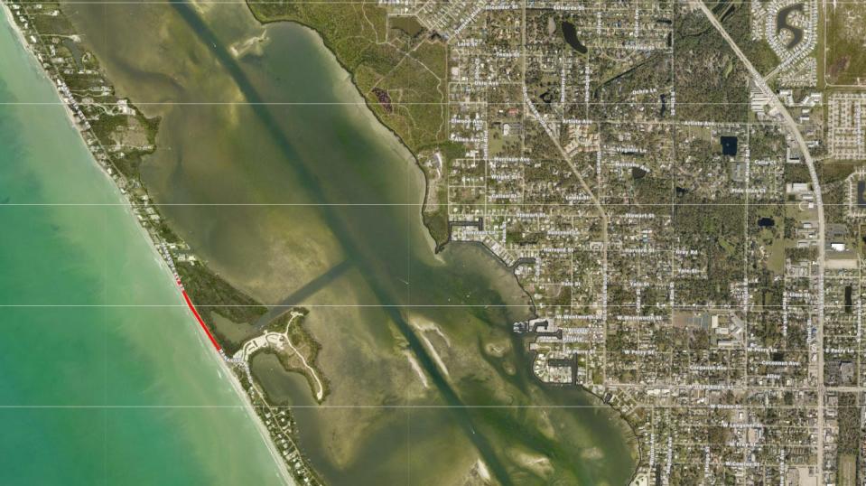 The red line on this map shows the location where Manasota Key Road washed out during Hurricane Idalia.