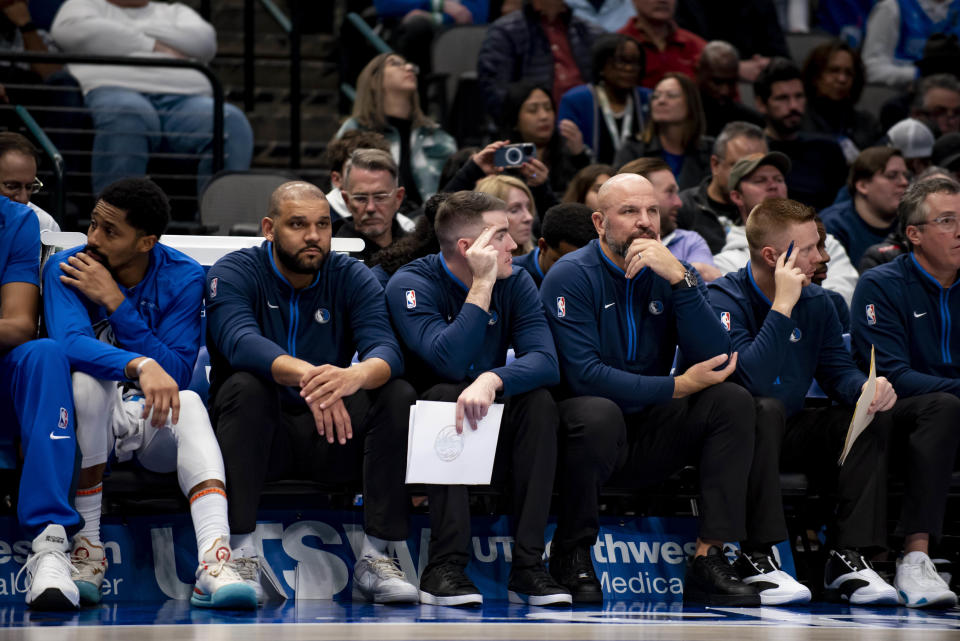Dallas Mavericks head coach Jason Kidd watches his players from the bench in the first half of an NBA game against the Cleveland Cavaliers in the first half of an NBA basketball game in Dallas, Wednesday, Dec. 14, 2022. (AP Photo/Emil Lippe)