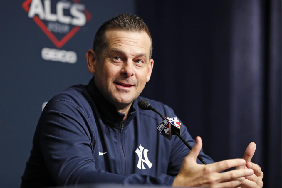 New York Yankees manager Aaron Boone speaks the media during a press conference, Monday, Oct. 14, 2019, on an off day during the American League Championship Series, at Yankee Stadium in New York. Game 3 is scheduled for Tuesday afternoon in New York. (AP Photo/Kathy Willens)