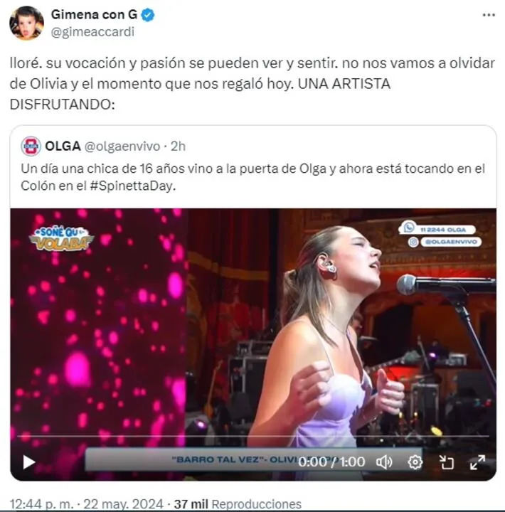 La reacción de Gime Accardi al show que ofreció Olivia