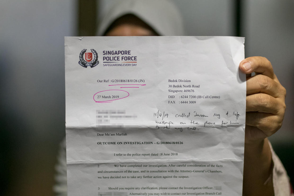 Marliah Jonet, 64, with a letter from the police on the outcome of investigations into her complaint. (Yahoo News Singapore file photo)