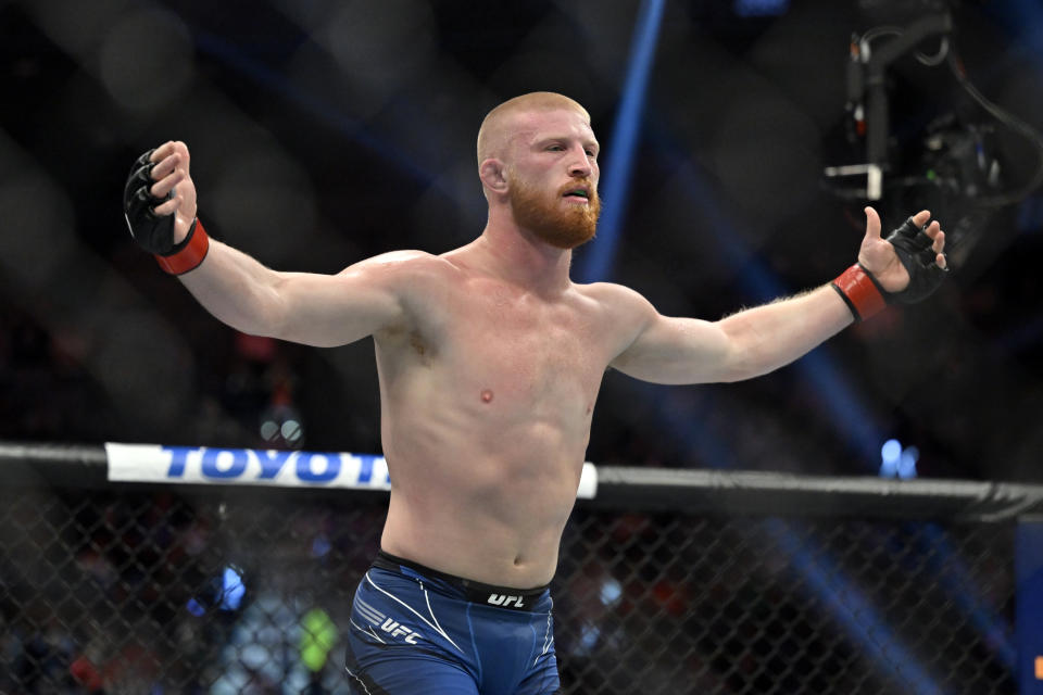 Bo Nickal reacts after defeating Jamie Pickett in a UFC 285 mixed martial arts middleweight bout Saturday, March 4, 2023, in Las Vegas. (AP Photo/David Becker)