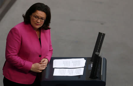 FILE PHOTO: Andrea Nahles, head of the Social Democrats (SPD), speaks during a German lower house of parliament Bundestag session in Berlin, Germany, June 28, 2018. REUTERS/Christian Mang