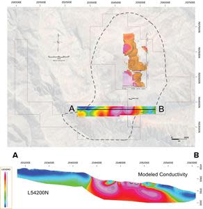 Figure 3 – Plan Map showing location of Major Conductivity Anomaly on Iska Iska from BHIP and on the newly surveyed area on Casiterita. Section A-B is the modelled conductivity on Line 54200N