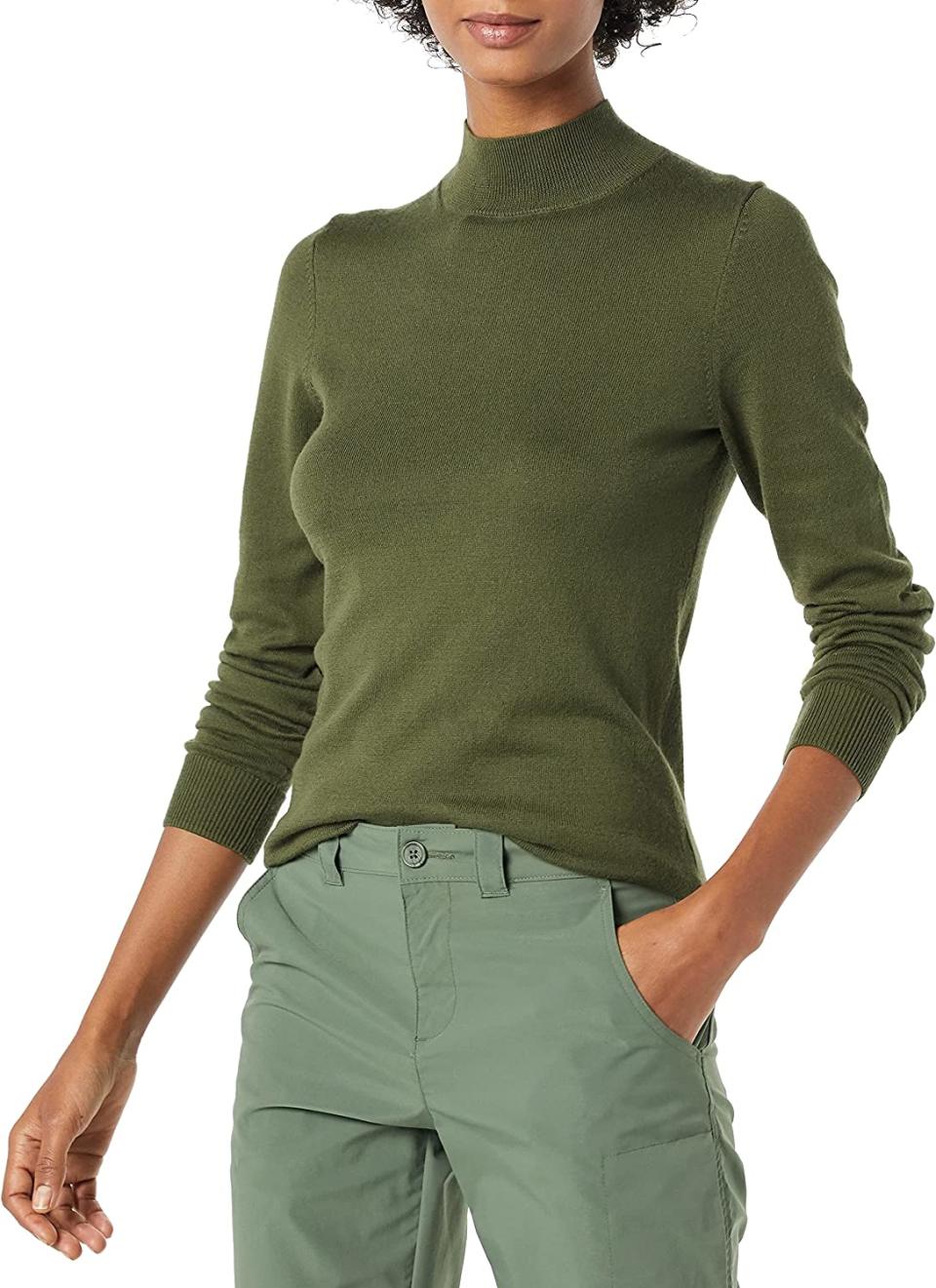 Amazon Essentials Womens Lightweight Mockneck Sweater. Image via Amazon.