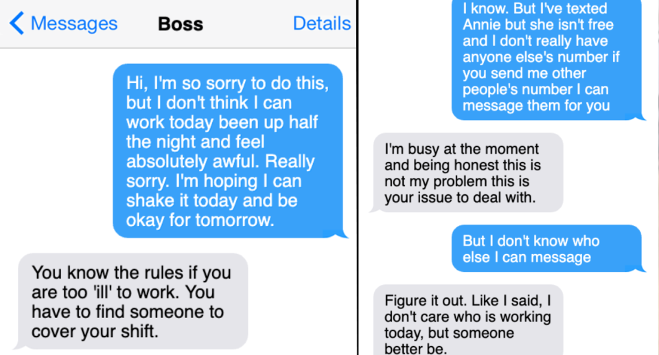 Text messages between Katie and her boss. 