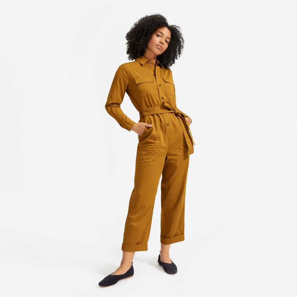 <p><strong>everlane</strong></p><p>everlane.com</p><p><a href="https://go.redirectingat.com?id=74968X1596630&url=https%3A%2F%2Fwww.everlane.com%2Fproducts%2Fwomens-modern-utility-jumpsuit-brass&sref=https%3A%2F%2Fwww.bestproducts.com%2Fbuzzing-news%2Fg33378920%2Feverlane-summer-sale-july-2020%2F" rel="nofollow noopener" target="_blank" data-ylk="slk:Shop Now;elm:context_link;itc:0;sec:content-canvas" class="link ">Shop Now</a></p><p><del>$100</del><strong><br>$70</strong></p><p>This cute jumpsuit is a happy medium between wearing your favorite sweats and wearing (<em>gasp!)</em> real clothes. </p>
