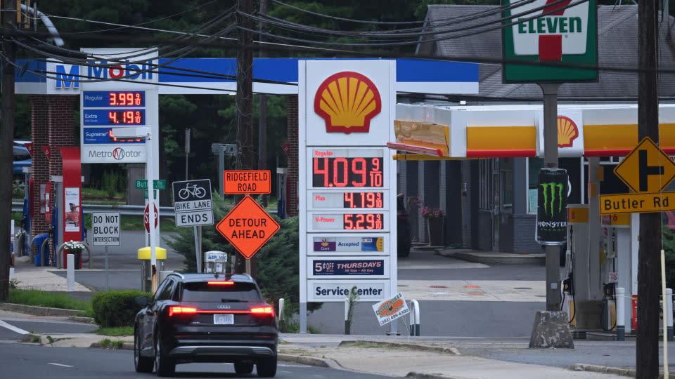 Gas station signboards display prices in Bethesda, Maryland, on August 6, 2023. - Mandel Ngan/AFP/Getty Images