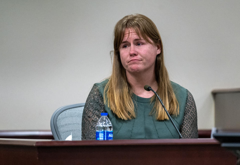 Cherlyn Schaefer, the EMT/medic during the filming of Rust, testifies in the trial against Hannah Gutierrez-Reed, in First District Court, in Santa Fe, N.M., Thursday, February 22, 2024. Gutierrez-Reed, who was working as the armorer on the movie "Rust" when a revolver actor Alec Baldwin was holding fired killing cinematographer Halyna Hutchins and injuring Souza, is charged with involuntary manslaughter and tampering with evidence.