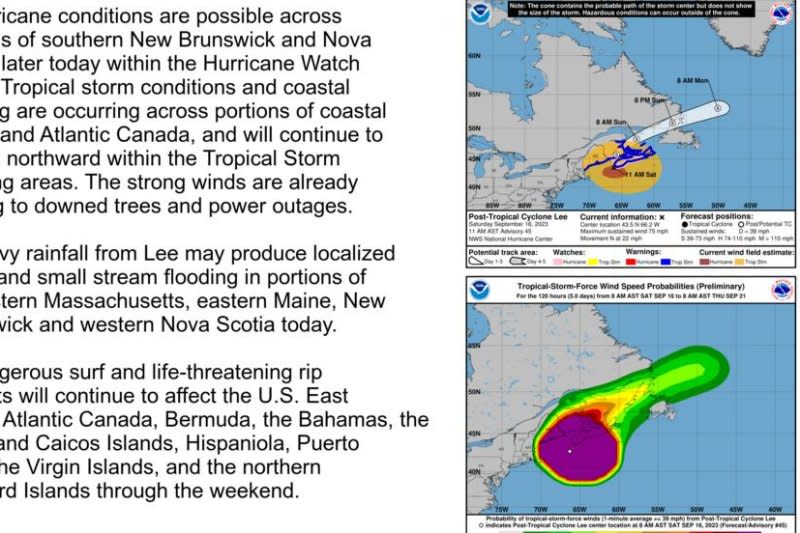 Post Tropical Storm Lee was located about 105 miles offshore of Eastport, Maine, and 150 miles from Halifax, while moving at 22 mph at 10 a.m. EST Saturday. Image courtesy of National Hurricane Center