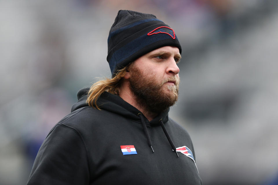 EAST RUTHERFORD, NEW JERSEY - NOVEMBER 26: New England Patriots outside linebackers coach Stephen Belichick looks on prior to a game against the New York Giants at MetLife Stadium on November 26, 2023 in East Rutherford, New Jersey. (Photo by Elsa/Getty Images)