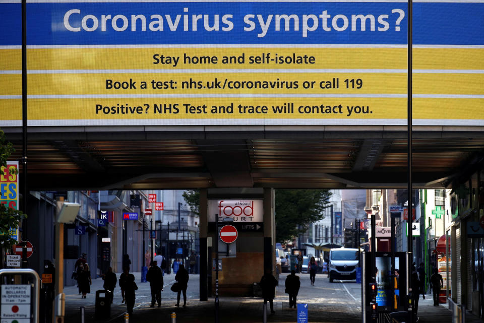 An information screen is pictured in Manchester as the city and the surrounding area faces local restrictions in an effort to avoid a local lockdown being forced upon the area amid the coronavirus disease (COVID-19) outbreak in Britain, July 31, 2020. REUTERS/Phil Noble