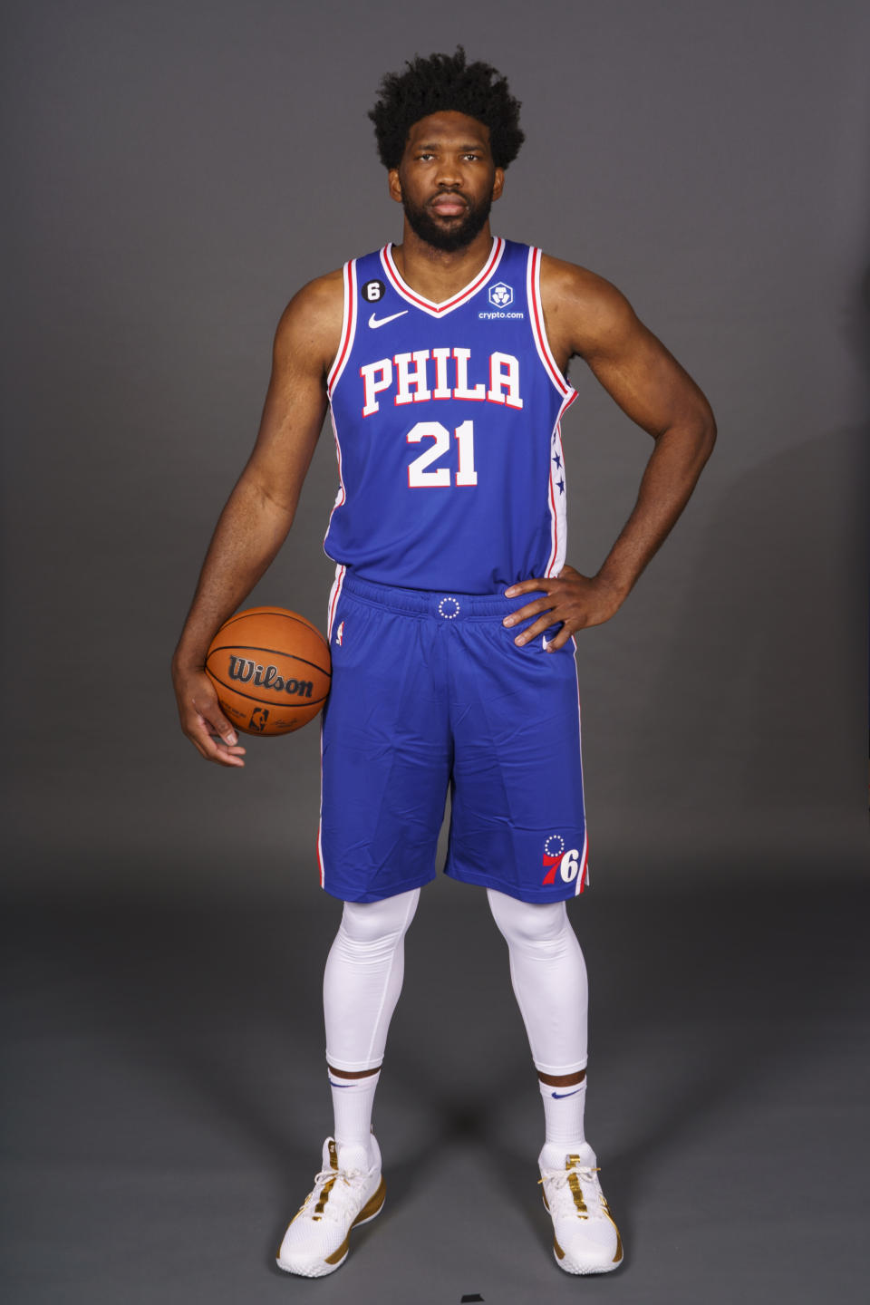 Philadelphia 76ers' Joel Embiid poses for a photograph during media day at the NBA basketball team's practice facility, Monday, Sept. 26, 2022 in Camden, N.J. (AP Photo/Chris Szagola)