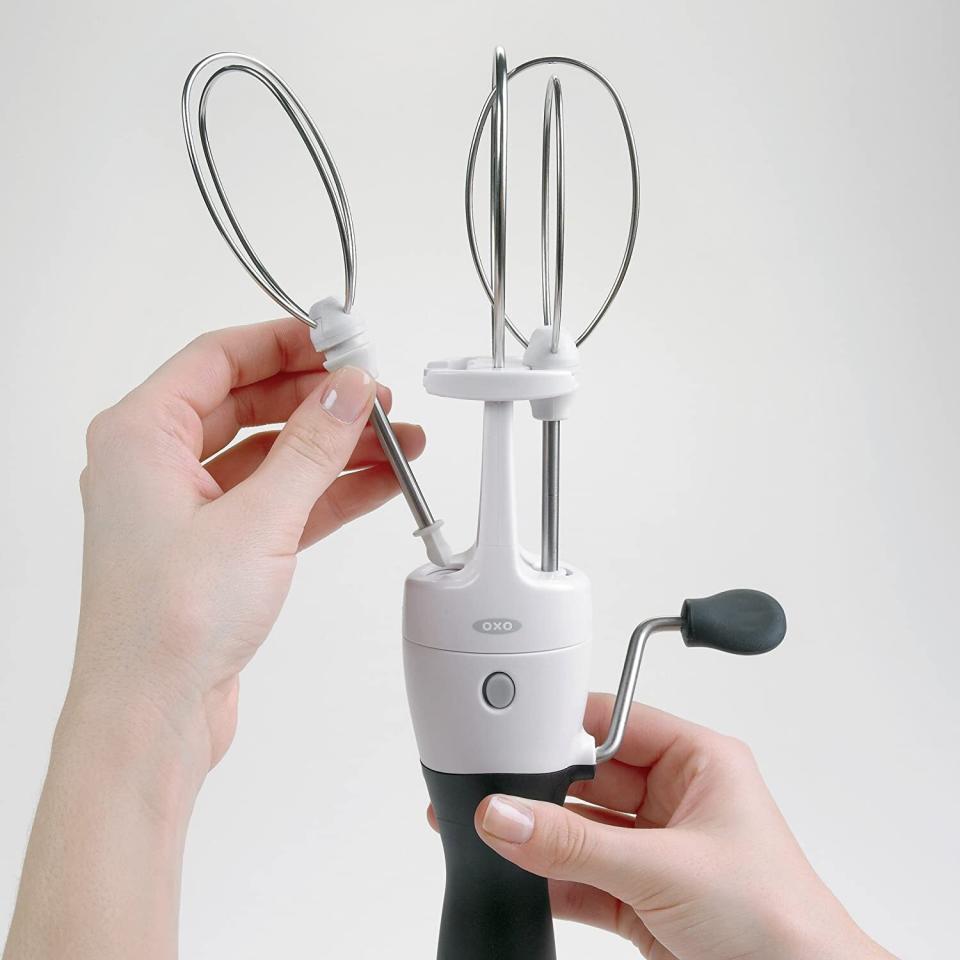 Your omelet will come out nice and fluffy when you use this device. It'll also be your saving grace when you're whipping up an individual dessert or Dalgona coffee and don't want to be bothered with a full-size hand mixer.<br /><br /><strong>Promising review:</strong> "We live off-grid so we don&rsquo;t like having a bunch of power-sucking kitchen appliances but we like to cook and needed something more powerful than a hand whisk. <strong>Amazed that we were able to make whipped cream with this.</strong> Everything pops off to make cleaning easier. Handle is comfortable and operation is pretty smooth and not too difficult." &mdash; <a href="https://amzn.to/3vcL6JH" target="_blank" rel="noopener noreferrer">Joi maree freeman<br /></a><br /><strong>Get it from Amazon for <a href="https://amzn.to/3vgAjhx" target="_blank" rel="noopener noreferrer">$19.99</a>.</strong>