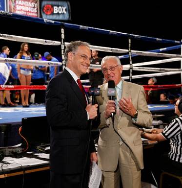 Newly elected Hall of Famers Steve Farhood (L) and Barry Tompkins at ringside. (Photo courtesy of Showtime Networks)