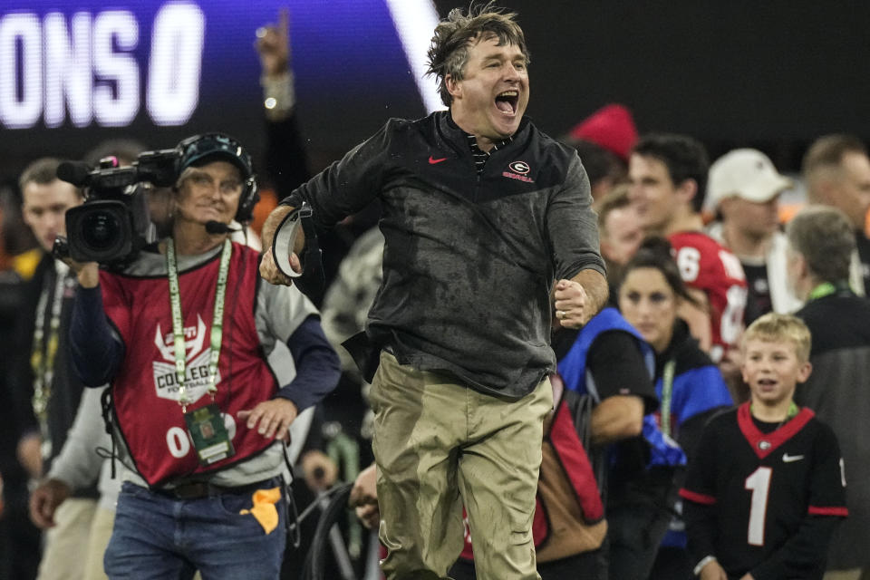 Georgia head coach Kirby Smart celebratyes a win over TCU during the second half of the national championship NCAA College Football Playoff game, Monday, Jan. 9, 2023, in Inglewood, Calif. Georgia won 65-7. (AP Photo/Mark J. Terrill)