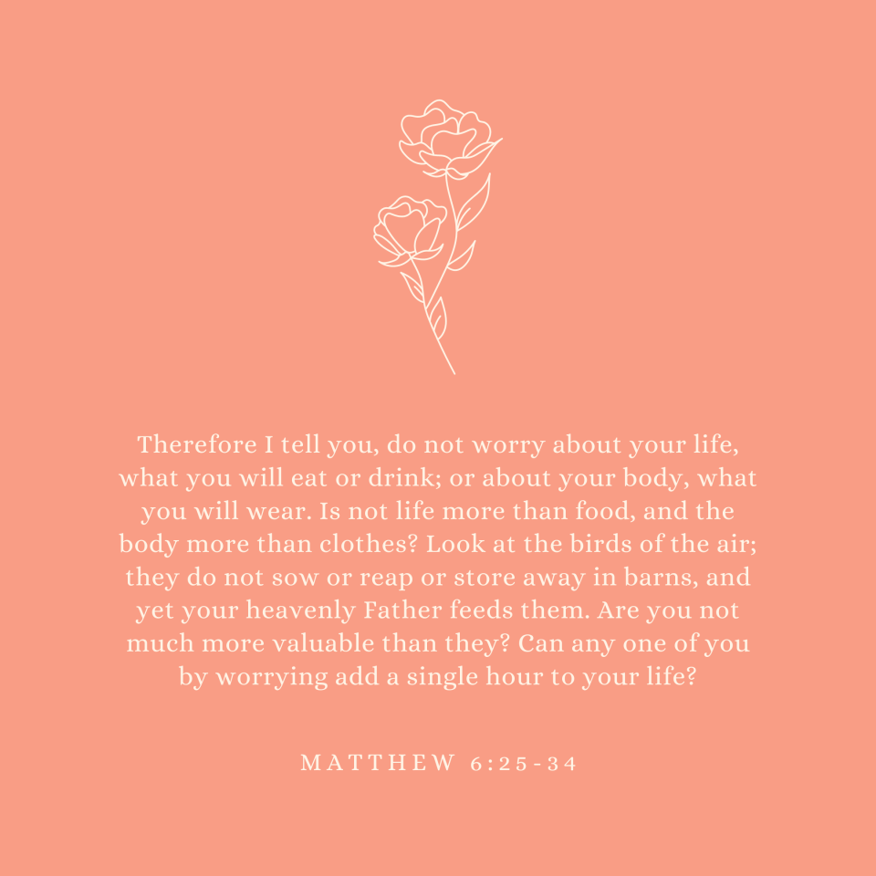 Matthew 6:25-34 Therefore I tell you, do not worry about your life, what you will eat or drink; or about your body, what you will wear. Is not life more than food, and the body more than clothes? Look at the birds of the air; they do not sow or reap or store away in barns, and yet your heavenly Father feeds them. Are you not much more valuable than they? Can any one of you by worrying add a single hour to your life?