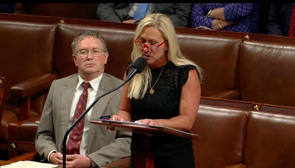 PHOTO: Rep. Marjorie Taylor Greene speaks at the Capitol, May 8, 2024.  (U.S. House of Representatives )